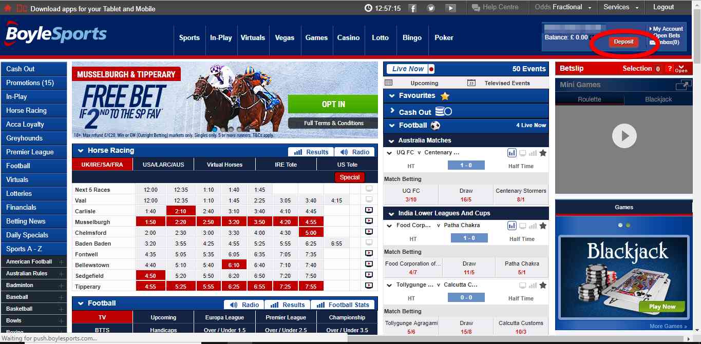 Boylesports screenshot displaying where to find the "Deposit" button once logged in